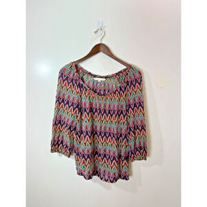 Trina Turk Women’s Knit Blouse Sz M Multicolor Vibrant Boho Gypsy Hippie Rainbow